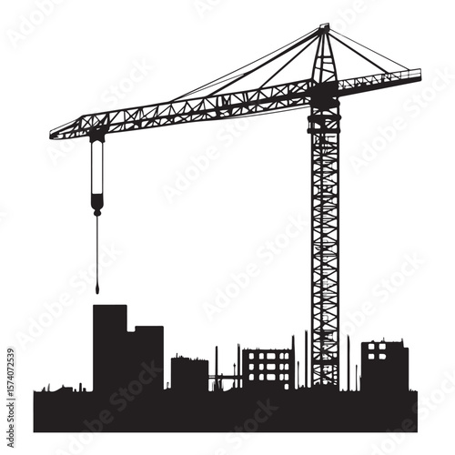 industrial crane lifting heavy equipment at a construction site vector silhouette
