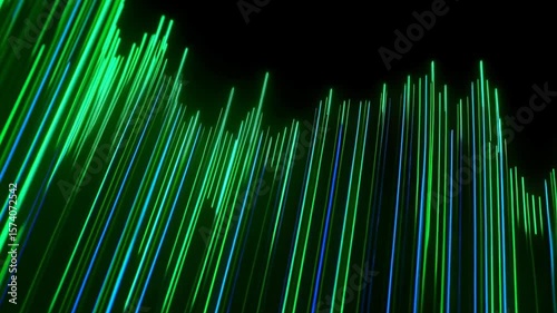 Abstract image of vibrant green and blue light beams streaking vertically against a black background, creating a dynamic and futuristic feel.