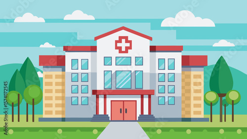 Modern hospital building with red roof and cross symbol surrounded by trees and clouds