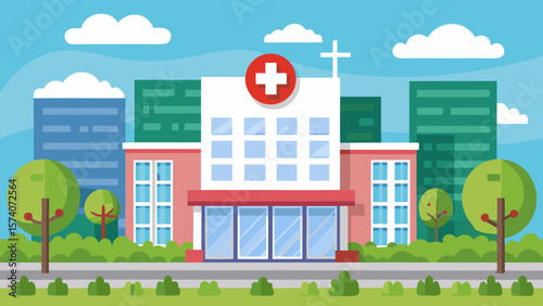 Modern hospital building with red cross symbol and city skyline background