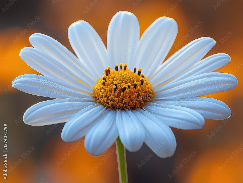 Obraz premium Close up of white daisy with vibrant yellow center against blurred orange background, highlighting its delicate petals and natural beauty