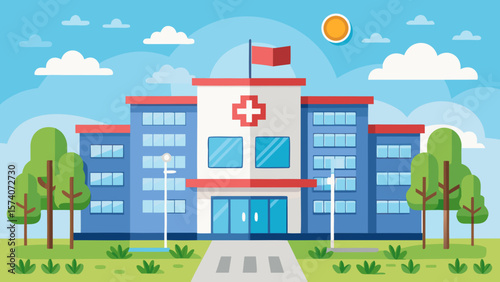 Modern hospital building with red cross symbol on a sunny day