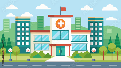 Modern hospital building with a red cross symbol and surrounding cityscape