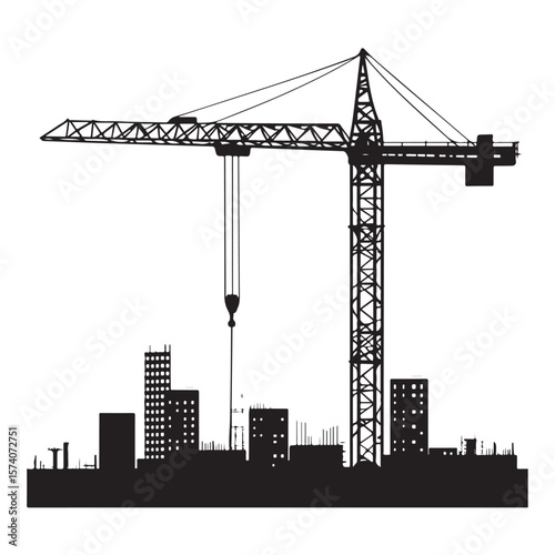 industrial crane lifting heavy equipment at a construction site vector silhouette