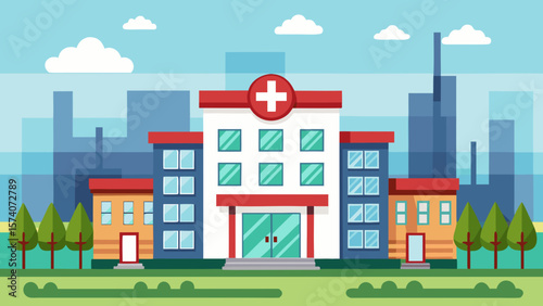 Modern hospital building with a red cross symbol and city skyline background