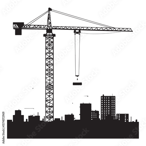 industrial crane lifting heavy equipment at a construction site vector silhouette