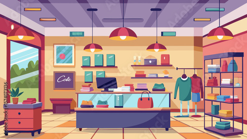 Modern retail clothing store interior with displays and merchandise