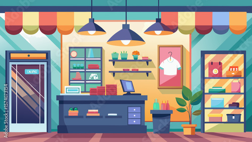 Modern retail store interior with clothing display and checkout counter