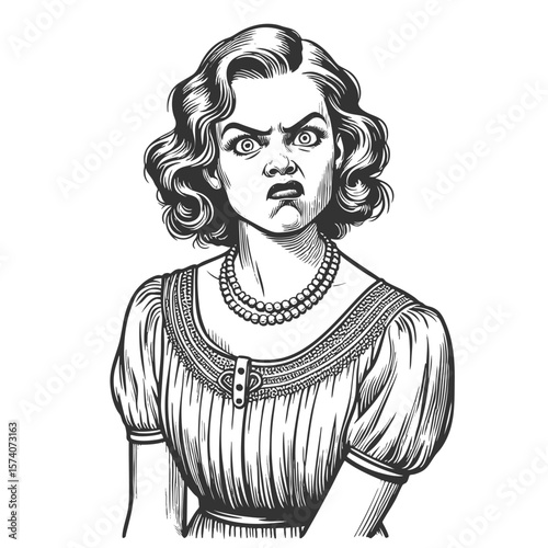 woman wearing pearls and a dress, showing an exaggerated angry and disgusted facial expression sketch engraving generative ai fictional character vector illustration. Scratch board. Black and white.