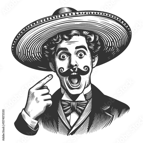 man in a large sombrero, dramatically pointing at his curled mustache with intensity sketch engraving generative ai fictional character vector illustration. Scratch board imitation. Black and white.