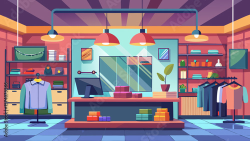 Modern retail clothing store interior with merchandise displays and checkout counter