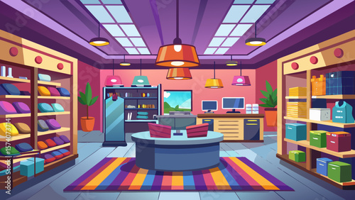 Modern retail store interior with colorful merchandise and display shelves