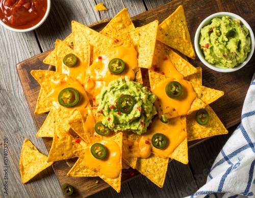 Top-Down View of Loaded Nachos with Melted Cheese, Jalapeños, and Guacamole