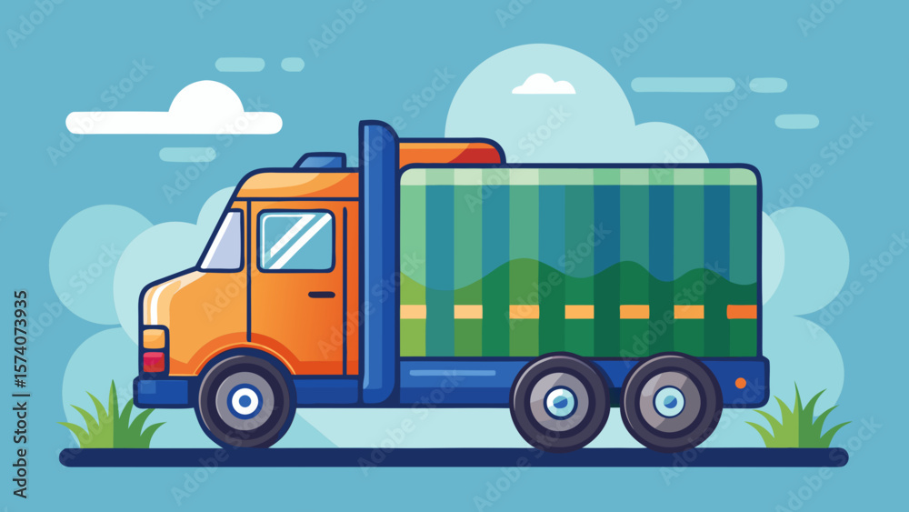 Naklejka premium Colorful cartoon truck with a green striped cargo bed driving on a road