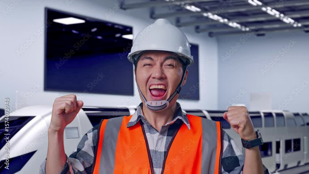 Close Up Of Asian Male Engineer With Safety Helmet Screaming Goal Celebrating Working, Futuristic High-Speed Train in a Modern Testing Facility