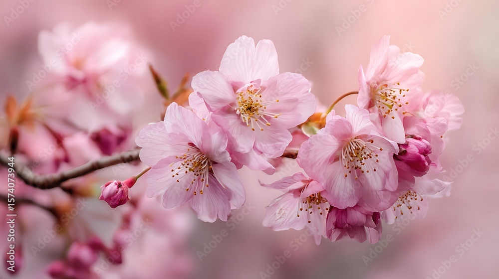 Naklejka premium Delicate pink cherry blossoms bloom on a tree branch with soft focus background