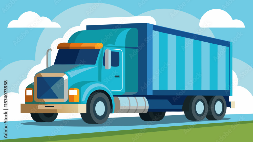 Fototapeta premium Modern blue semi truck driving on a road with clouds in the sky