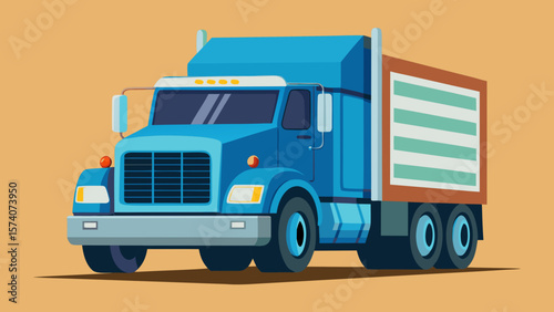 Blue semi truck with a cargo trailer on a light brown background