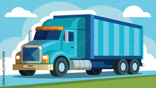 Modern blue semi truck driving on a road with clouds in the sky