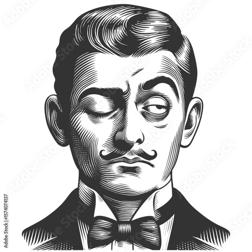 man with a mustache and bow tie giving a skeptical wink and sideways glance sketch engraving generative ai fictional character vector illustration. Scratch board imitation. Black and white image.