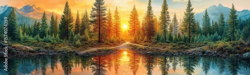 Sunset in a forest with a lake and mountains banner