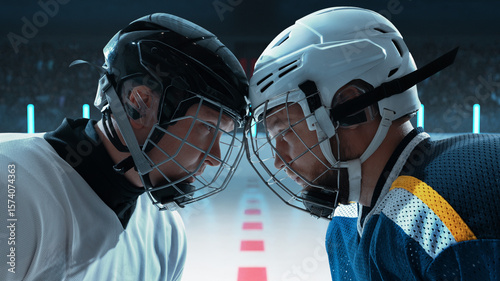 Photography Two ice hockey players facing each other, helmets touching, intensity in their eyes, on 3D ice rink