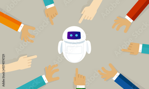 Hands with pointing fingers directed towards a central AI chatbot symbolizing focus attention or questioning of the artificial intelligence