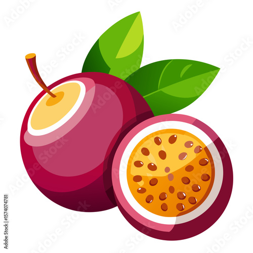 Fresh Purple Passion Fruit Whole and Halved - Tropical Vector