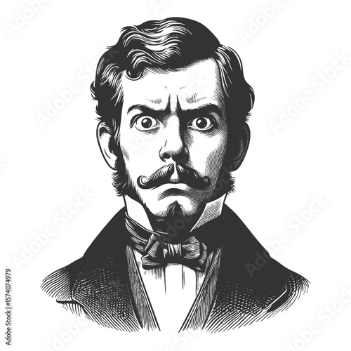 mustached Victorian man staring ahead with a wide-eyed, stunned expression sketch engraving generative ai fictional character vector illustration. Scratch board imitation. Black and white image.