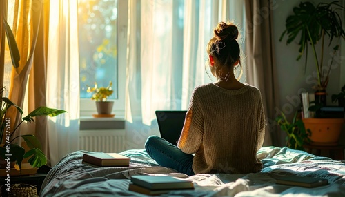 A woman sits cross-legged on a bed, working on a laptop with sunlight streaming through a window.