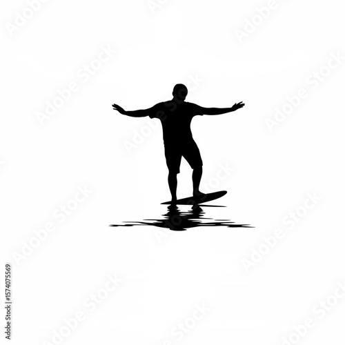 Silhouette of man balancing on invisible surface with knees bent on white background