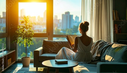A woman sits on a couch, reading a book, enjoying a city view through a large window.