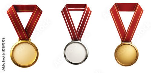 Gold Silver Bronze Medals with Red Ribbons - Award Medal Set Isolated on White Background