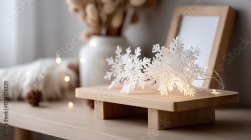 Winter scene with snowflakes, lights, vase, and wooden objects, cozy aesthetic