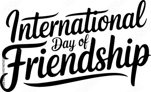 A dramatic high contrast monochrome illustration of a blackletter typography logo with the words International Day of Friendship The ornate white gothic calligraphy is against a pure black background 