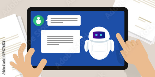 Hands interacting with tablet displaying a chatbot interface, showing a conversation with an AI assistant on a digital screen with document papers nearby