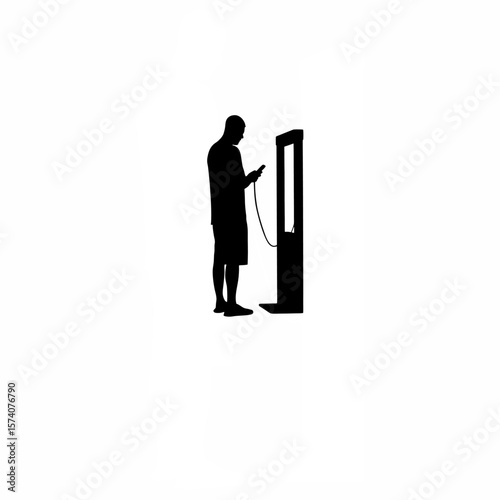 Silhouette of man charging phone at public kiosk on white background