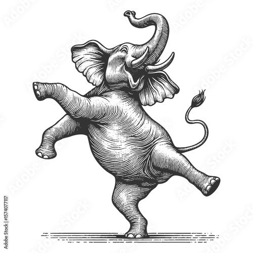 Dancing Elephant sketch engraving generative ai fictional character vector illustration. Scratch board imitation. Black and white image.