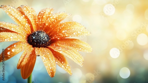 Radiant Orange Flower Adorned with Glistening Dew Drops in Morning Light