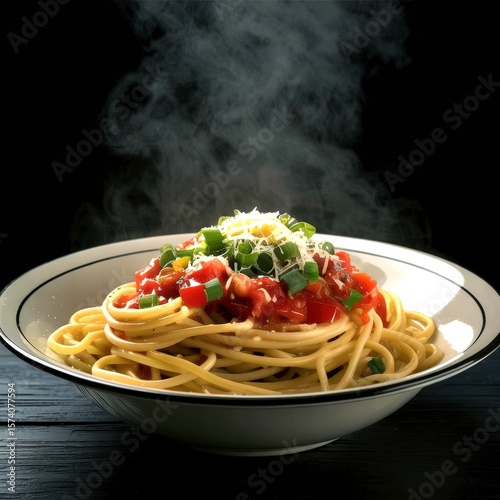 Steaming Spaghetti Serving With Tomato Sauce and Garnished Vegetables