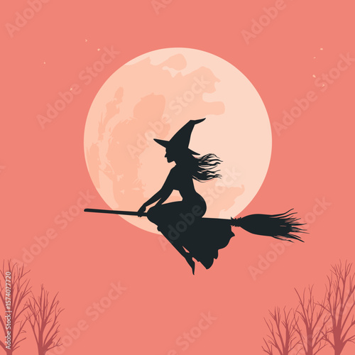 silhouette of a witch on a broomstick vector illustration