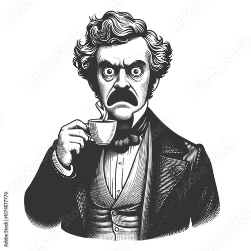 Victorian man in formal clothing glaring angrily while holding a steaming teacup, clearly unimpressed sketch engraving generative ai vector illustration. Scratch board imitation. Black and white image