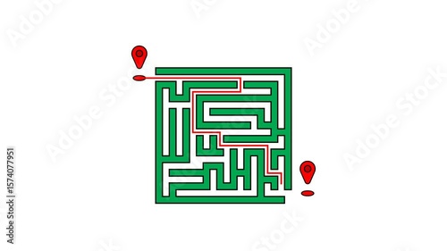 Two location points with a green maze connected by a red line. Alpha Channel, 4K animated video.