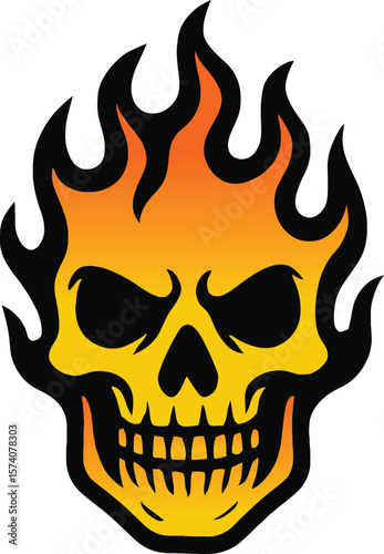 Flaming Skull Icon with Fiery Head