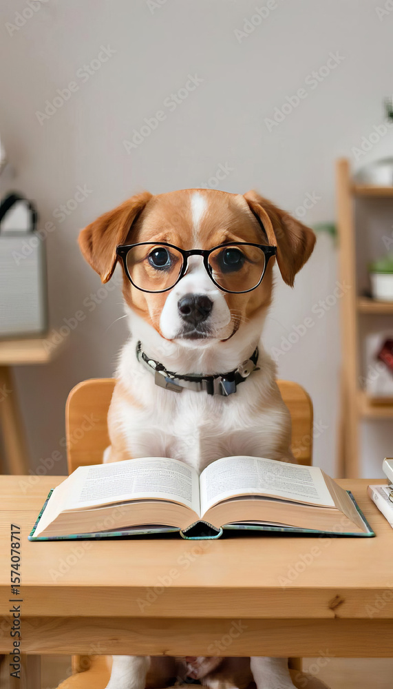 Cute dog in glasses at table with opened book, studying, studio portrait Cute dog in glasses at table with opened book, studying, studio portrait