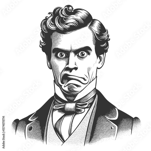 man with a bizarre, contorted mouth and wide, bewildered eyes sketch engraving generative ai fictional character vector illustration. Scratch board imitation. Black and white image.