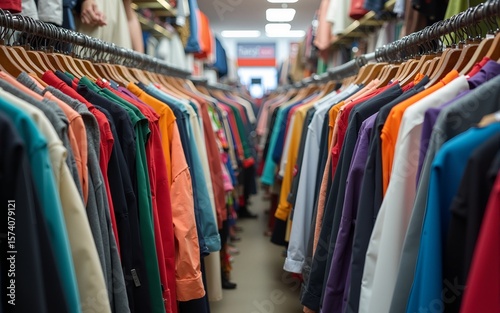 Colorful clothes hang on racks in second-hand shop. Variety of shirts, jackets visible. Many different colors. Diverse selection for sale. Shop full of garments. Excellent selection of used apparel.