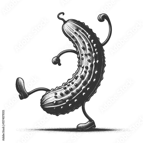 dancing pickle with arms, legs, and shoes, full of playful personality sketch engraving generative ai fictional character vector illustration. Scratch board imitation. Black and white image.