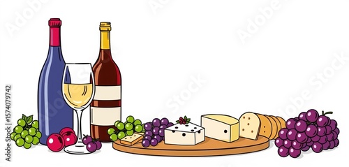 Elegant doodle illustration of wine, champagne bottles, cheese board, grapes, & crackers  Perfect for party invitations,  dolce vita,   foodie