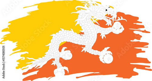 Artistic brush-stroke style national flag of Bhutan featuring the Thunder Dragon on diagonal color split

